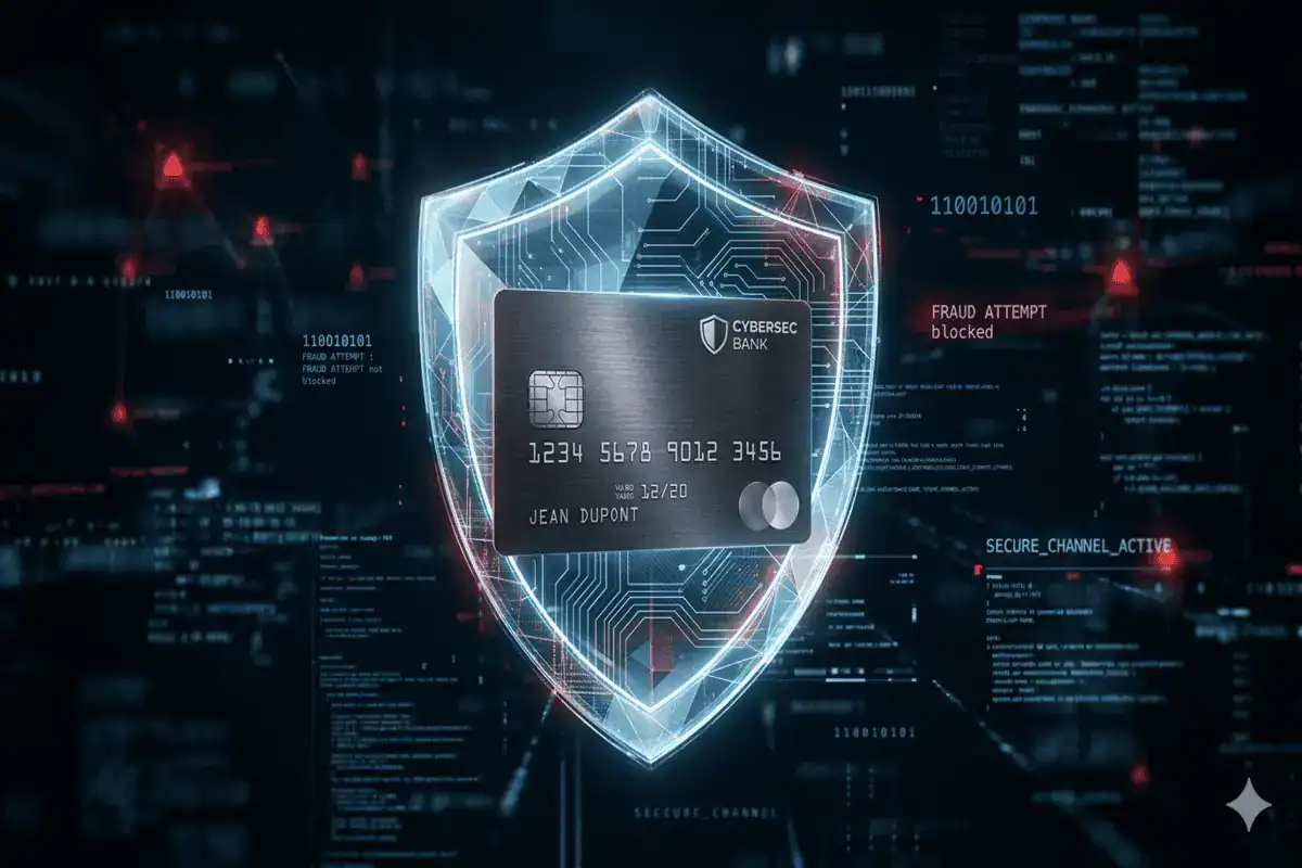 Bouclier numérique protégeant une carte bancaire contre les cyberattaques.