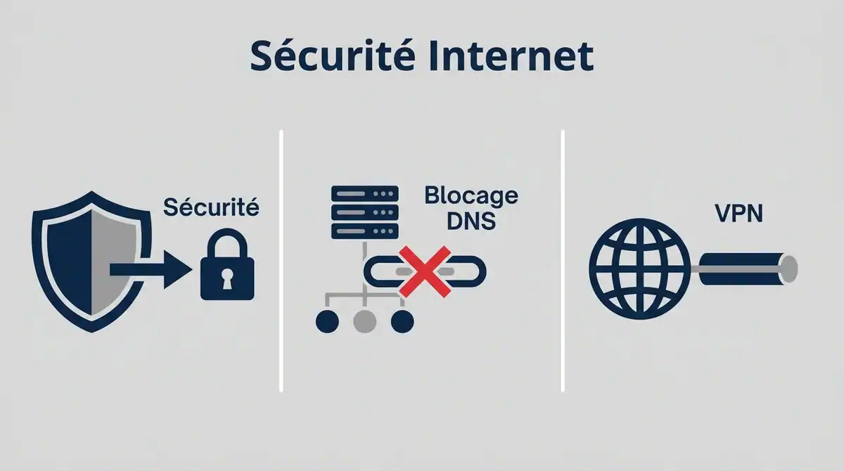 Infographie guide de sécurité internet pour Wiflix : conseils sur le VPN, le blocage DNS et la protection des données.