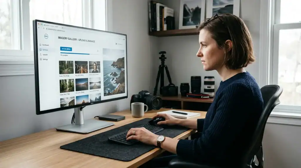 Photographe utilisant Zupimage, hébergeur d'images gratuit, sur un écran haute résolution dans un bureau moderne.
