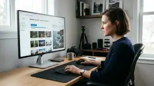 Photographe utilisant Zupimage, hébergeur d'images gratuit, sur un écran haute résolution dans un bureau moderne.