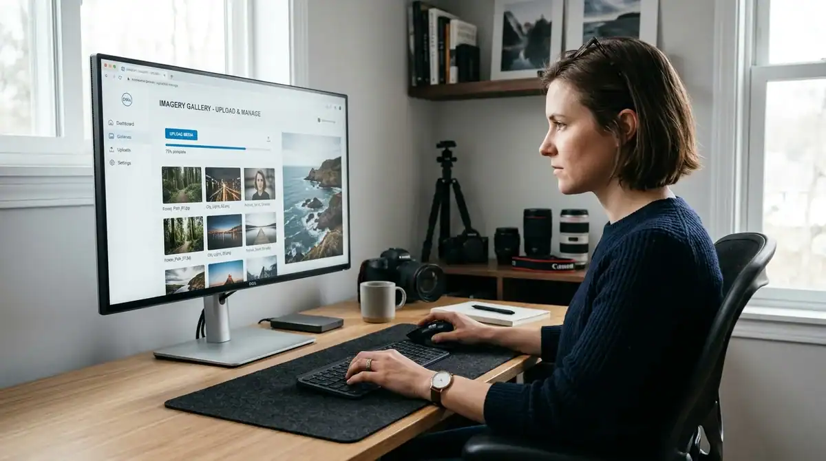 Photographe utilisant Zupimage, hébergeur d'images gratuit, sur un écran haute résolution dans un bureau moderne.
