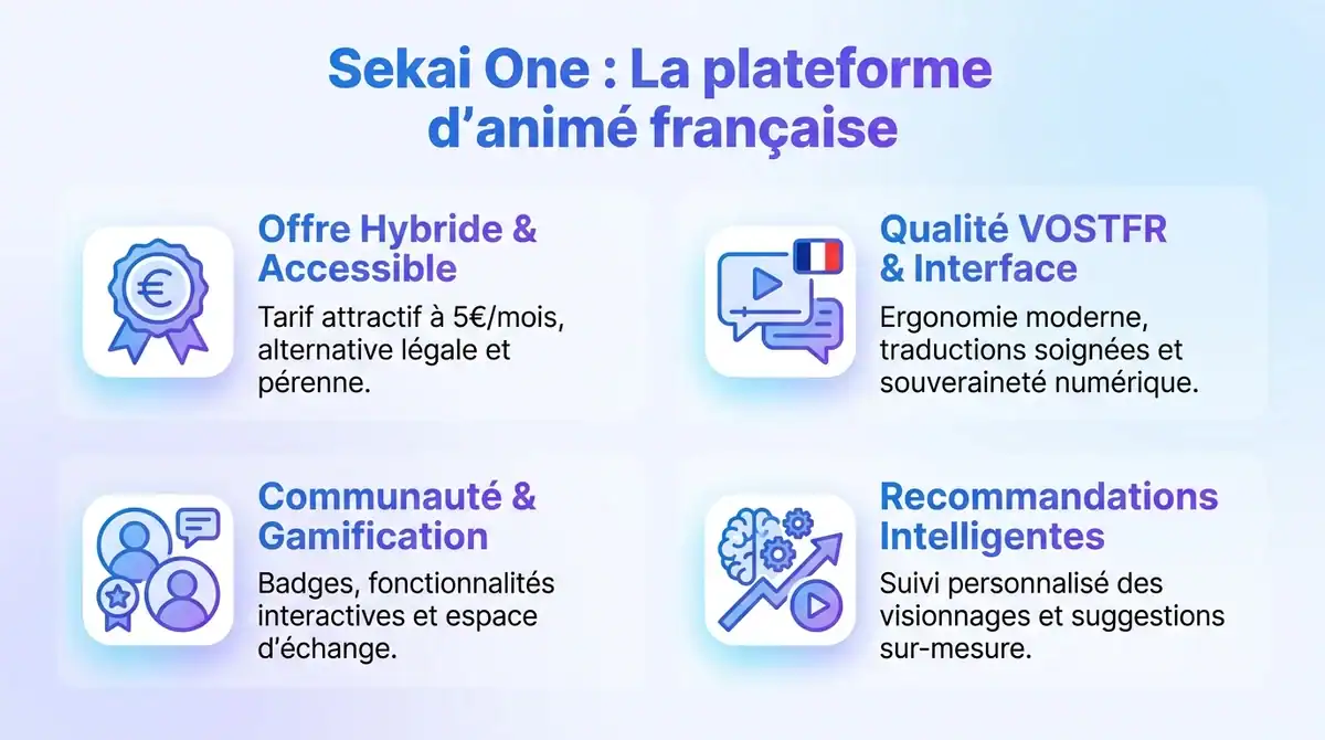 Infographie présentant les fonctionnalités clés de la plateforme française de streaming d anime Sekai One.