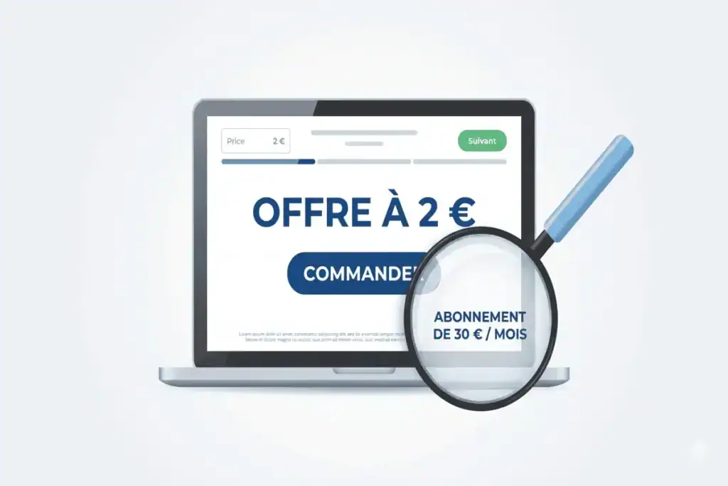 Illustration d'une loupe révélant un abonnement mensuel caché derrière une offre promotionnelle.