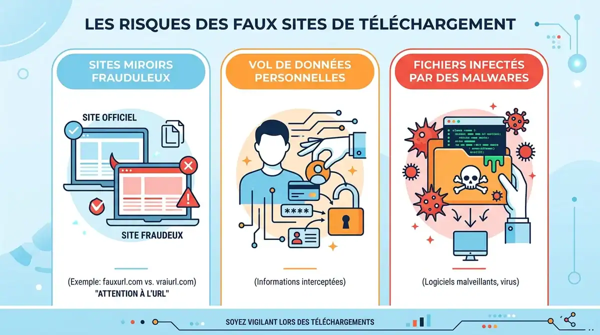 Infographie sur les risques de Bookys : sites miroirs, vol de données et malwares lors du téléchargement.