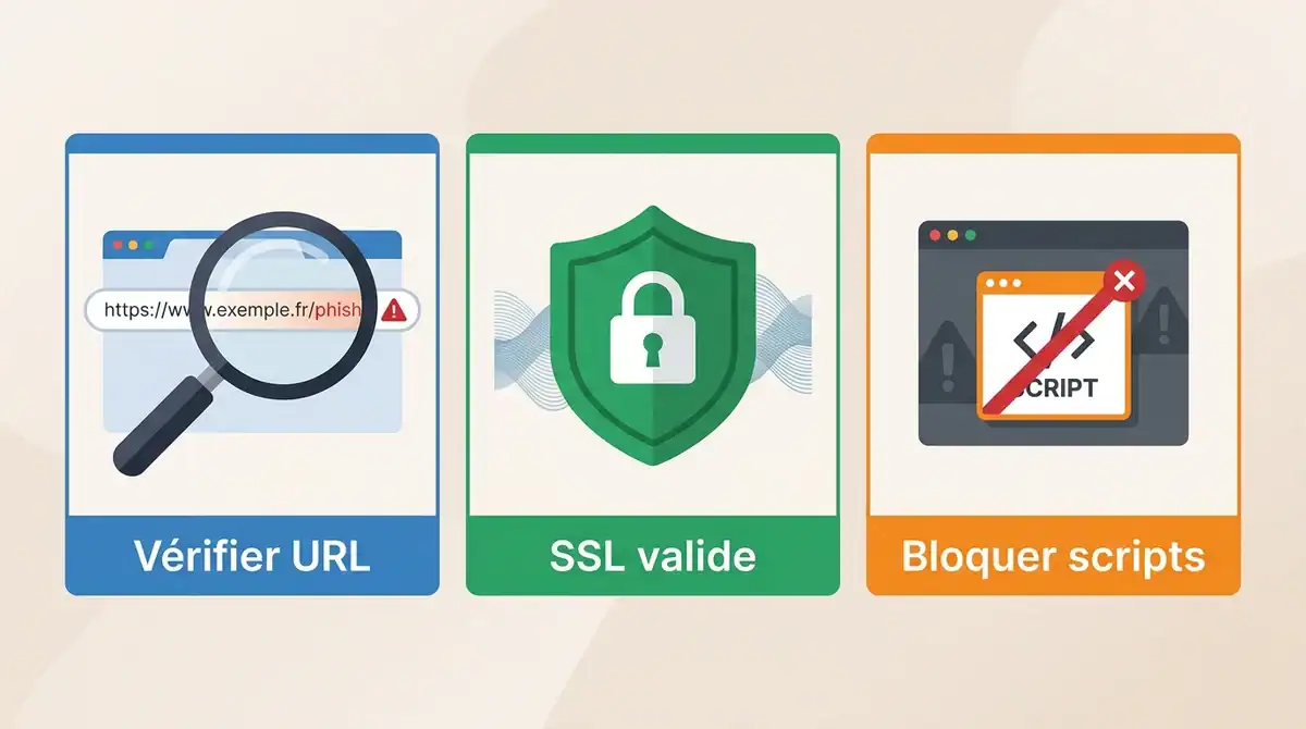 Infographie conseils sécurité pour Wiflix : vérifier l'URL, SSL valide et blocage des scripts intrusifs.