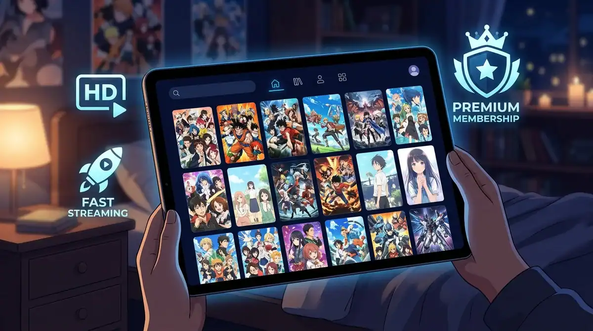 Interface moderne de Sekai One, plateforme de streaming animé en HD avec design épuré sur tablette.