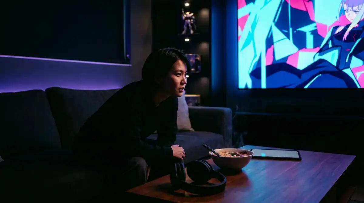 Salon moderne avec éclairage néon violet, ramen et casque audio, ambiance parfaite pour le streaming animé sur Sekai One.
