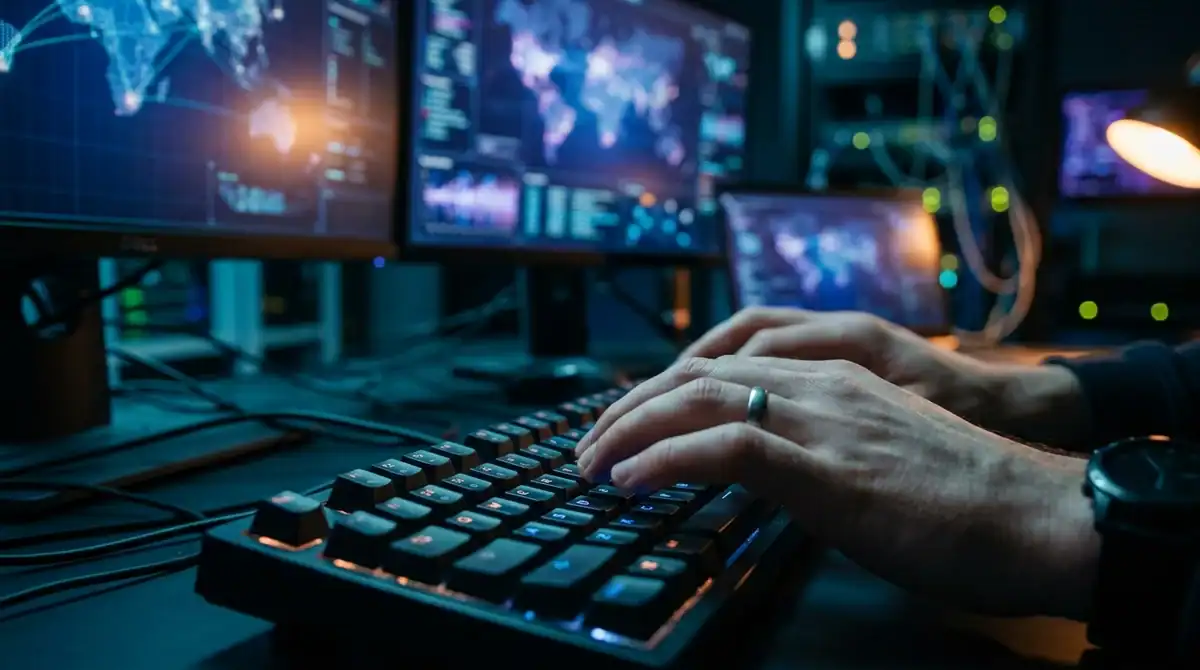 Mains tapant sur un clavier lumineux devant des écrans de cybersécurité pour accéder au streaming Sodirm en sécurité.