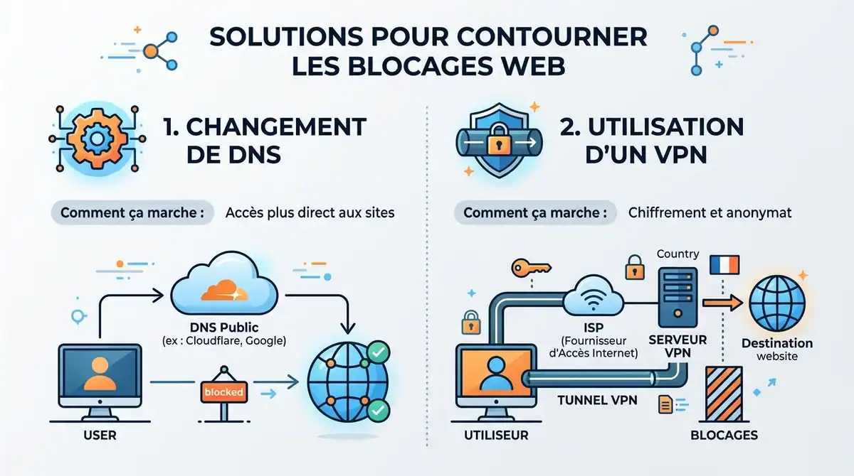 Infographie sur le contournement des blocages Epsilon Scan via le changement de DNS et l'utilisation d'un VPN sécurisé.