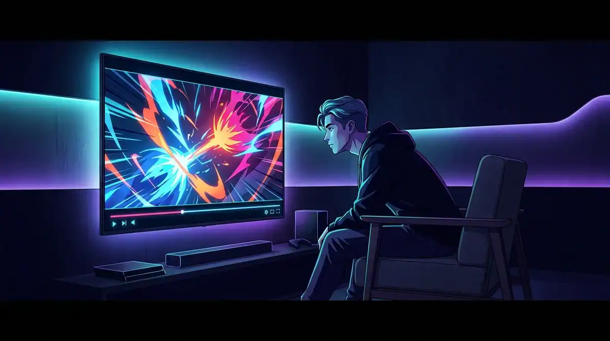 Jeune adulte regardant des animes en streaming sur Sekai One dans une chambre moderne avec éclairage néon violet et cyan.
