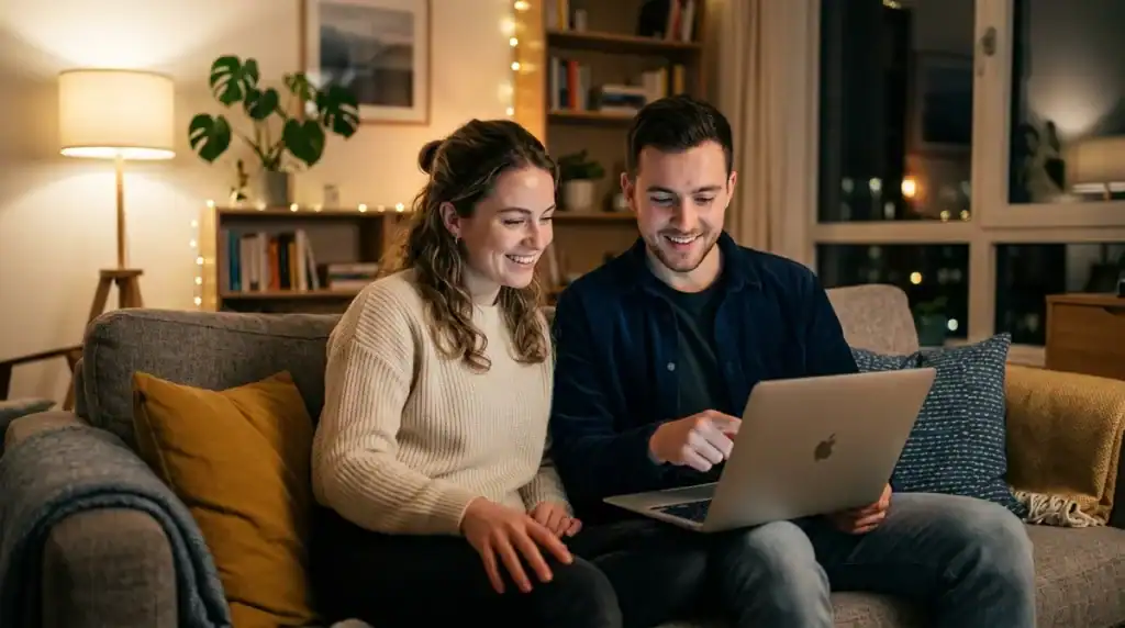 Couple regardant des animés sur la plateforme Sekai One avec un ordinateur portable dans un salon moderne.