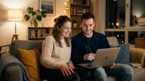 Couple regardant des animés sur la plateforme Sekai One avec un ordinateur portable dans un salon moderne.