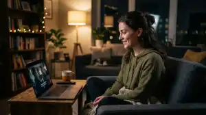 Spectateur regardant une série en streaming sur un PC, illustrant l'usage de Wiflix en 2026 dans un salon cozy.