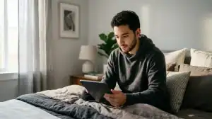 Jeune homme consultant Epsilon Scan sur sa tablette, illustration de l'accès officiel et guide sécurisé 2026.