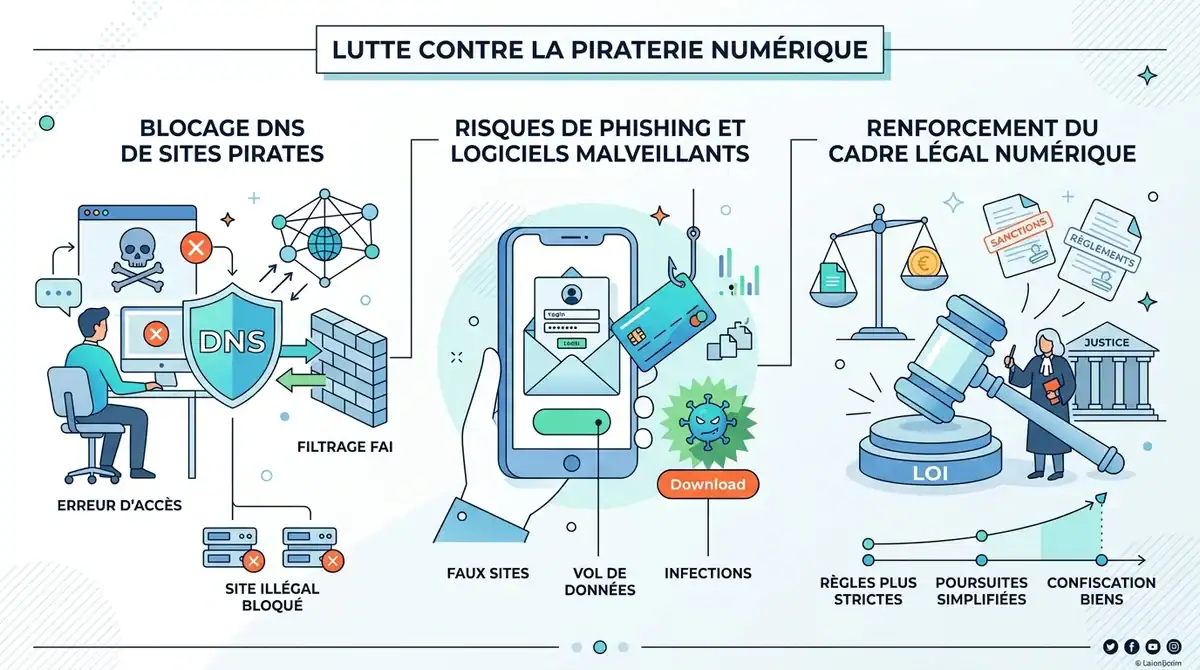 Infographie sur les risques de Wiflix en 2026 : blocage DNS, phishing et renforcement du cadre légal numérique.