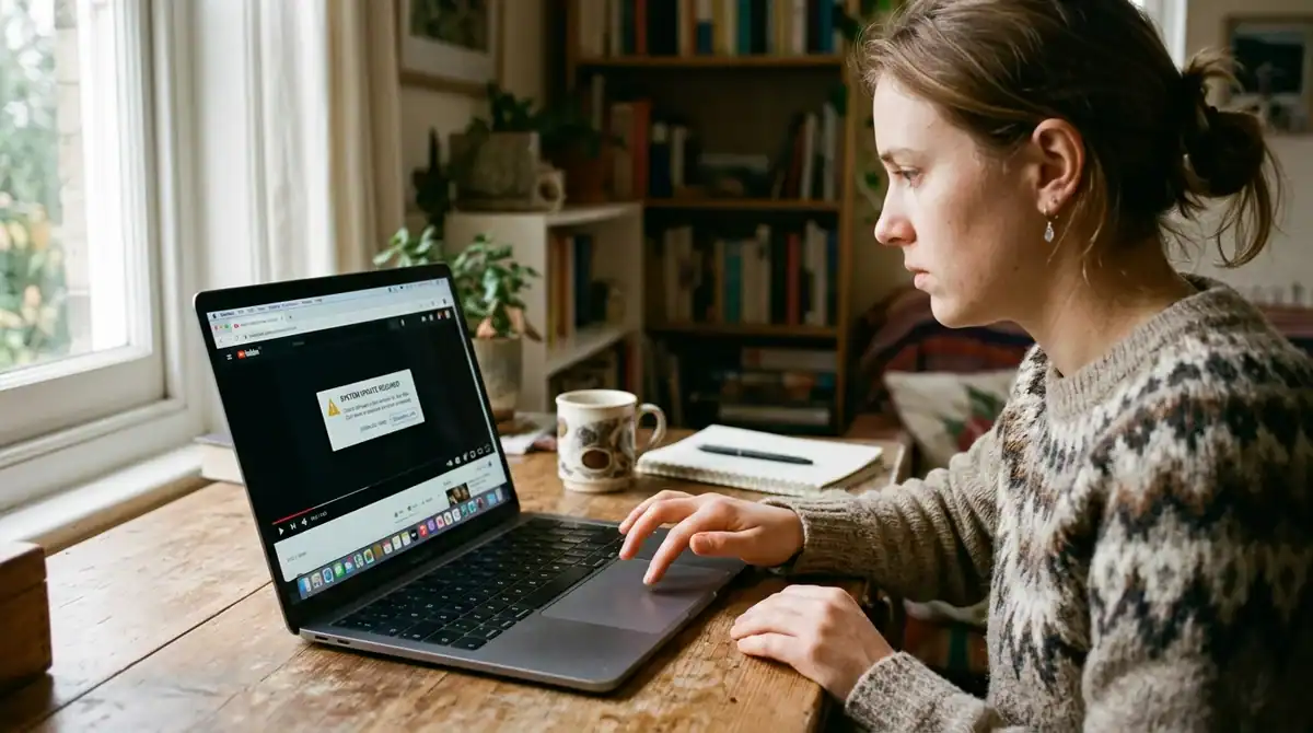 Utilisateur hésitant face à un pop-up suspect sur son ordinateur, illustrant les risques de sécurité sur Wiflix.