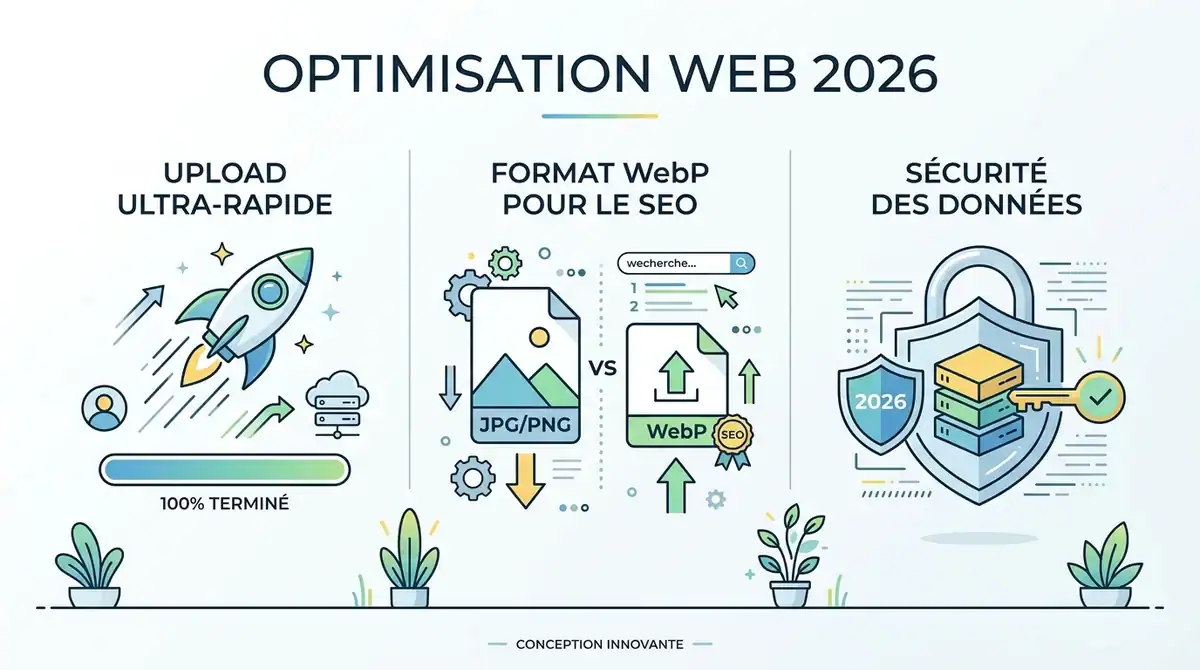 Infographie Zupimage 2026 : upload ultra-rapide, optimisation WebP pour le SEO et sécurité des données d'hébergement.