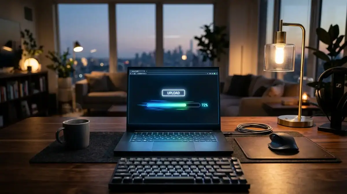 Interface Zupimage sur laptop avec barre de chargement pour illustrer l'hébergeur d'images gratuit et rapide.