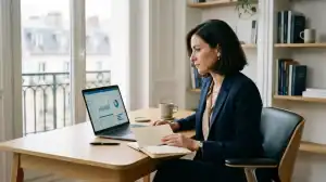 Consultant SEO et GEO professionnel travaillant sur des données stratégiques dans un bureau moderne à Paris