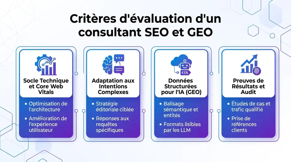 Infographie présentant les 4 critères clés pour évaluer un consultant SEO et GEO : technique, IA, contenu et résultats.