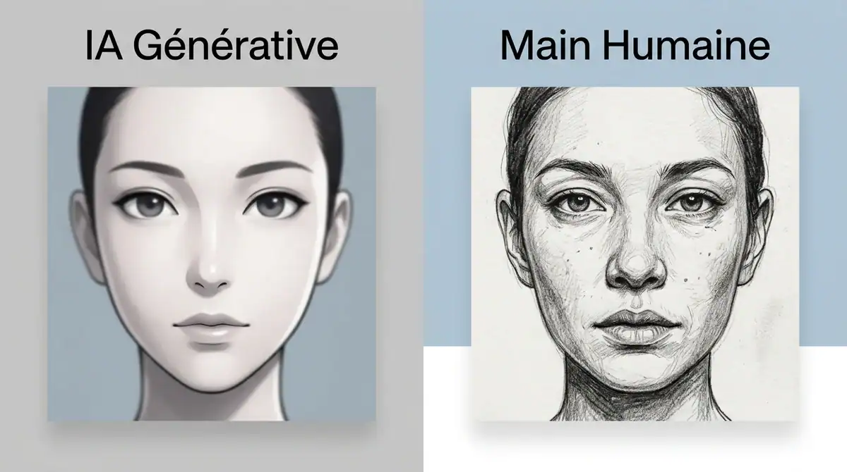 Infographie comparant un portrait manga généré par IA et un dessin au fusain fait main pour transformer sa photo.