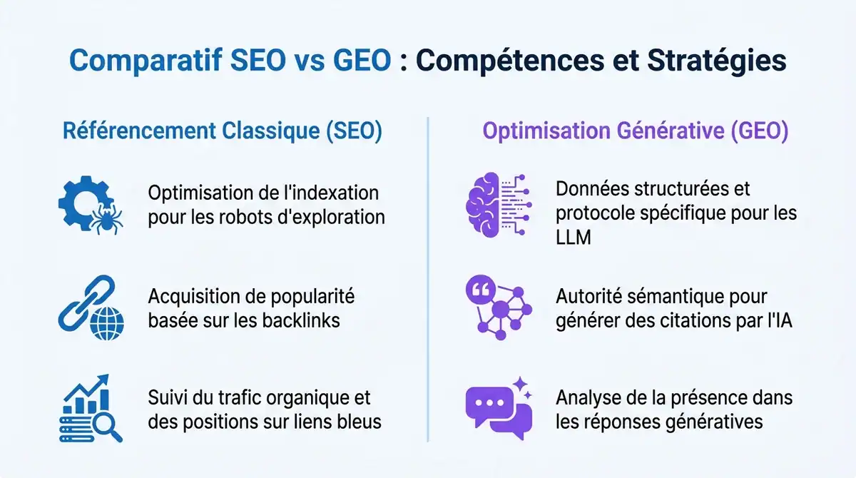 Infographie comparative entre le référencement naturel SEO classique et l'optimisation générative GEO.
