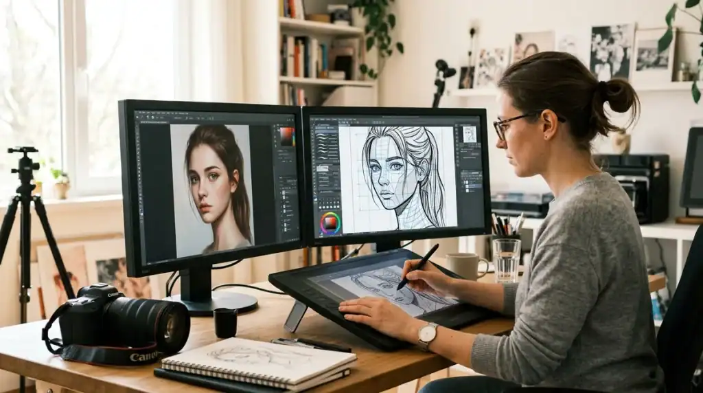 Artiste travaillant sur un écran affichant la transformation IA d'une photo réelle en personnage style manga