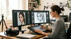 Artiste travaillant sur un écran affichant la transformation IA d'une photo réelle en personnage style manga