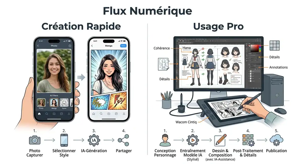 Infographie comparant la création rapide de manga par IA sur smartphone et le workflow professionnel sur PC en 2026.