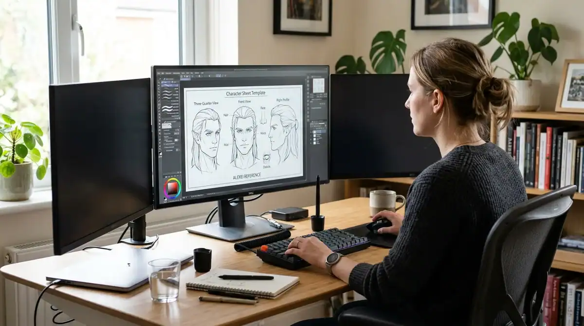 Artiste professionnel utilisant un logiciel IA pour transformer des portraits en style manga sur un setup moderne.