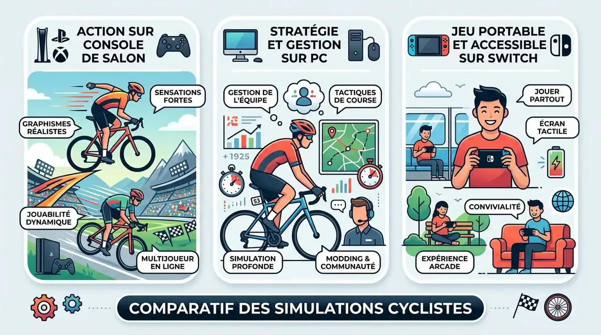 Infographie comparatif jeux Tour de France 2026 : action sur PS5, stratégie sur PC et mode portable sur Switch.