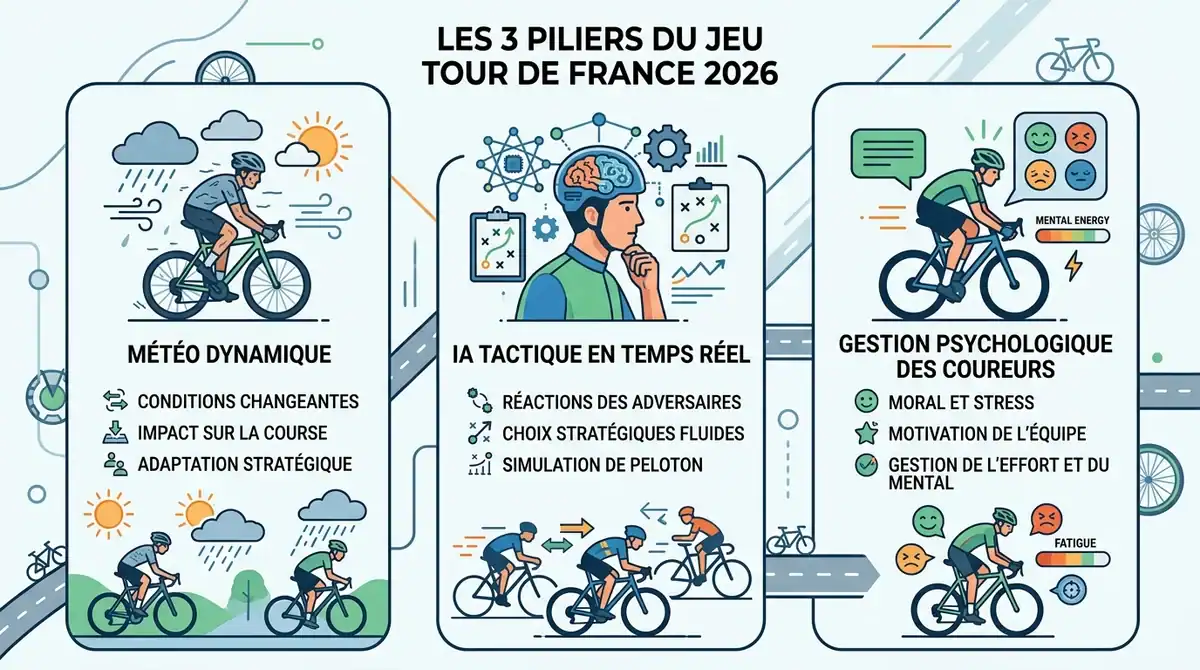 Infographie des 3 piliers du jeu Tour de France 2026 : météo dynamique, IA tactique et gestion du moral des coureurs.