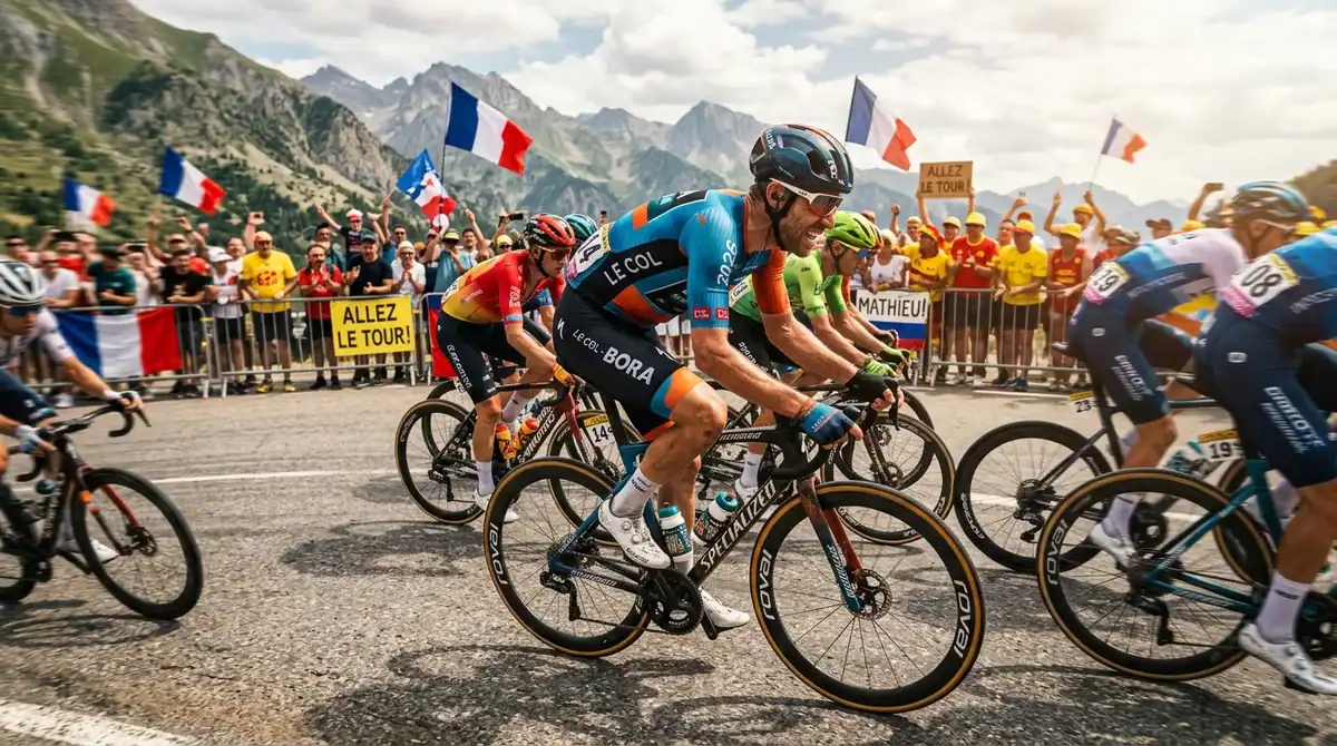 Simulation réaliste de course cycliste du Tour de France 2026 montrant un peloton intense dans les Alpes.