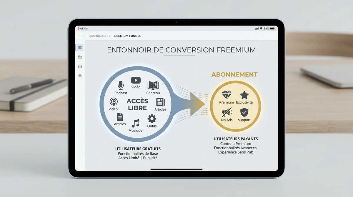 Infographie du tunnel de conversion freemium : du contenu gratuit vers l'abonnement presse sur tablette.