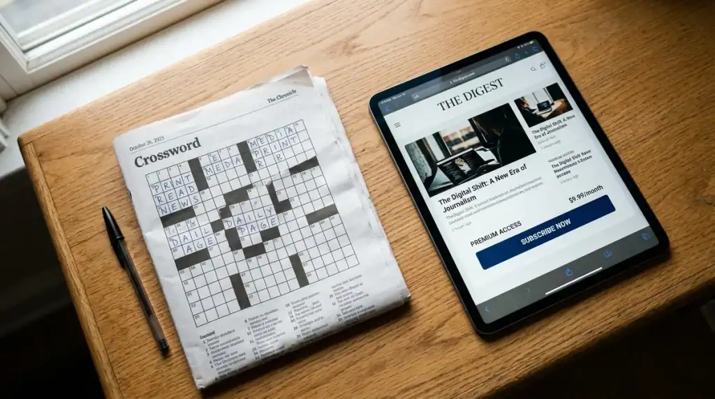 Journal papier avec mots croisés à côté d'une tablette tactile affichant un abonnement presse numérique premium.