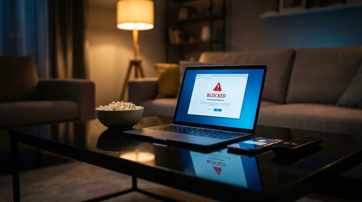 Ecran d'ordinateur affichant une alerte de sécurité sur le site Flemmix dans un salon moderne sombre et cosy.