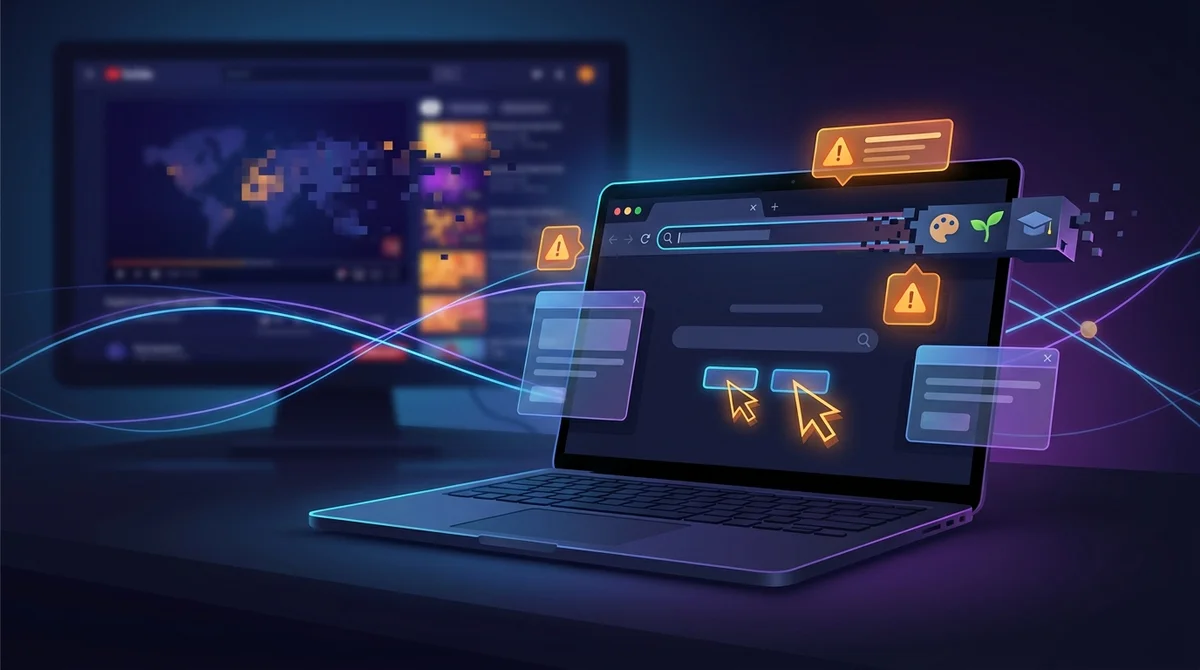 Illustration d'un ordinateur portable avec une adresse Flemmix instable, symbolisant les risques de connexion en 2026.
