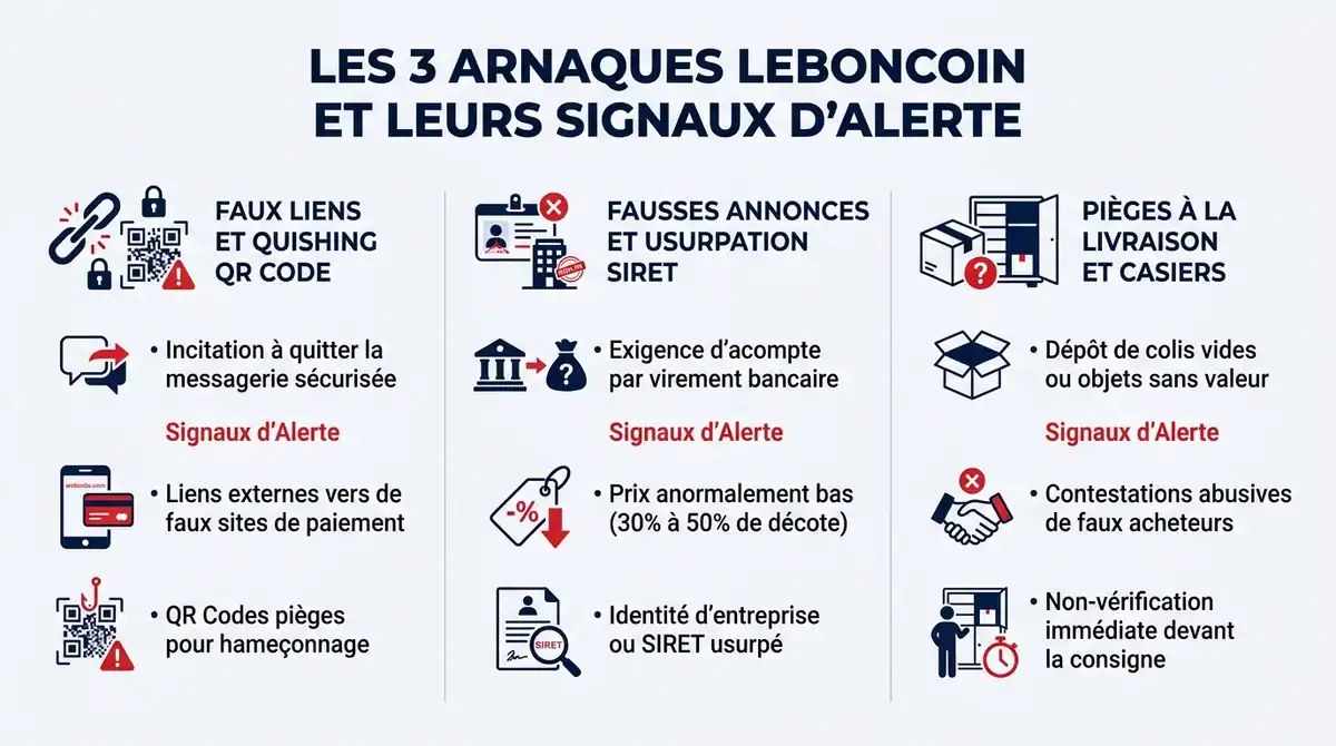 Infographie resumant les 3 principales arnaques LeBonCoin et leurs signaux d'alerte pour securiser vos transactions.