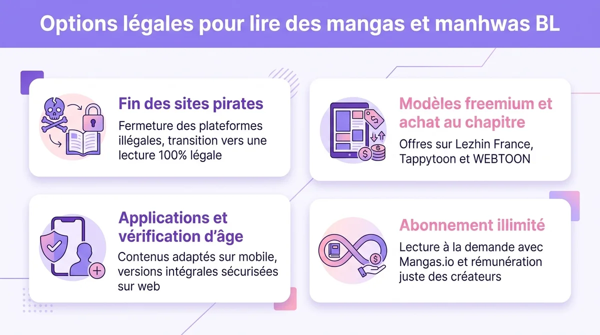 Infographie présentant les solutions légales et plateformes pour lire des mangas et manhwas BL.
