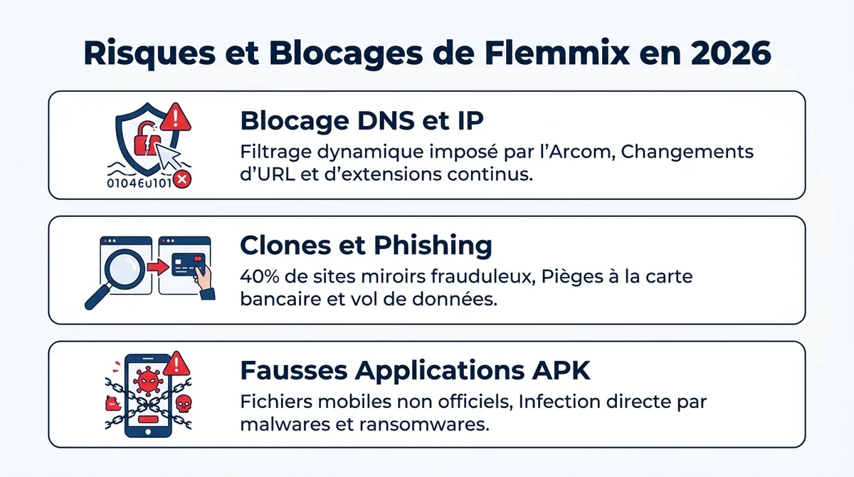 Infographie expliquant les blocages DNS Arcom, les sites clones et les fausses applications APK liées à Flemmix en 2026.