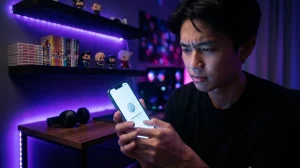 Setup gaming moderne avec mangas et casque, illustrant la lecture en ligne et les risques de sites comme KaliScan.