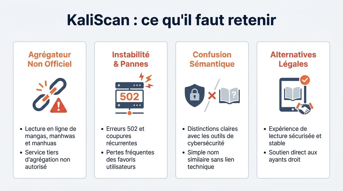 Infographie synthétisant l'origine, les pannes de KaliScan et l'importance des alternatives légales.