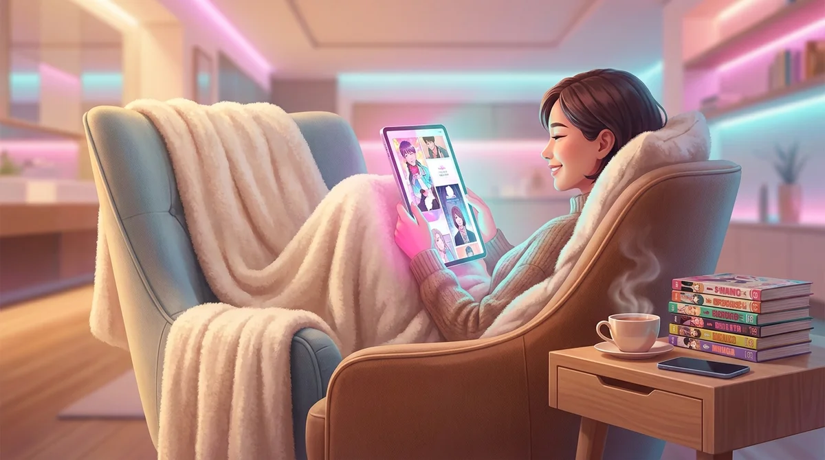 Coin lecture cosy avec manga BL et smartphone pour lire des yaoi et manhwas légalement dans une ambiance chaleureuse.