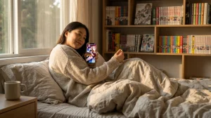 Jeune femme lisant des mangas et manhwas yaoi et BL dans une chambre cocooning avec une bibliothèque organisée.