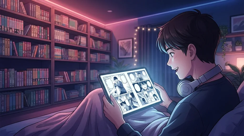 Lecteur passionné lisant des mangas en ligne dans une chambre moderne et confortable, idéal pour découvrir les scans FR.