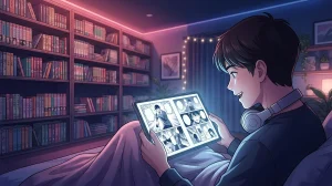 Lecteur passionné lisant des mangas en ligne dans une chambre moderne et confortable, idéal pour découvrir les scans FR.