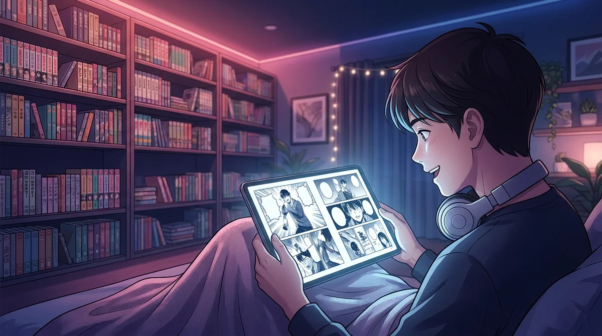 Lecteur passionné lisant des mangas en ligne dans une chambre moderne et confortable, idéal pour découvrir les scans FR.