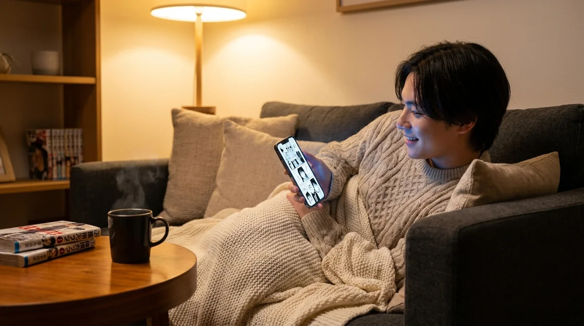 Jeune adulte lisant des mangas en ligne dans un salon cosy, ambiance confortable pour lire des scans FR légaux en 2026.