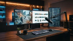 Bureau de gamer moderne et épuré avec écran ultra-wide, éclairage d'ambiance et déco cosy pour vos projets gaming.