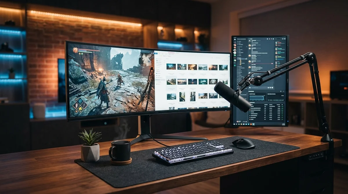 Bureau de gamer moderne et épuré avec écran ultra-wide, éclairage d'ambiance et déco cosy pour vos projets gaming.